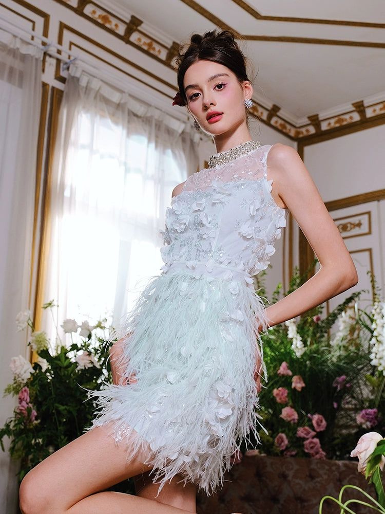 Wardrobes by Chen Elegant Blue Sleeveless Flower Feather Dress - Moji