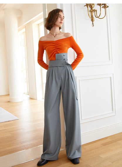 High waist wide leg pants made with smoke gray fabric asymmetrical pants- Mala