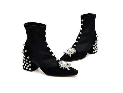 B-FEI tone diamond buckle pearl rhinestone short medium square heel boots- Sari