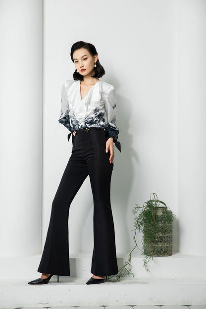 MagicQ black embroidered panels woolen suit gradient print shirt high waisted wide-leg pants set