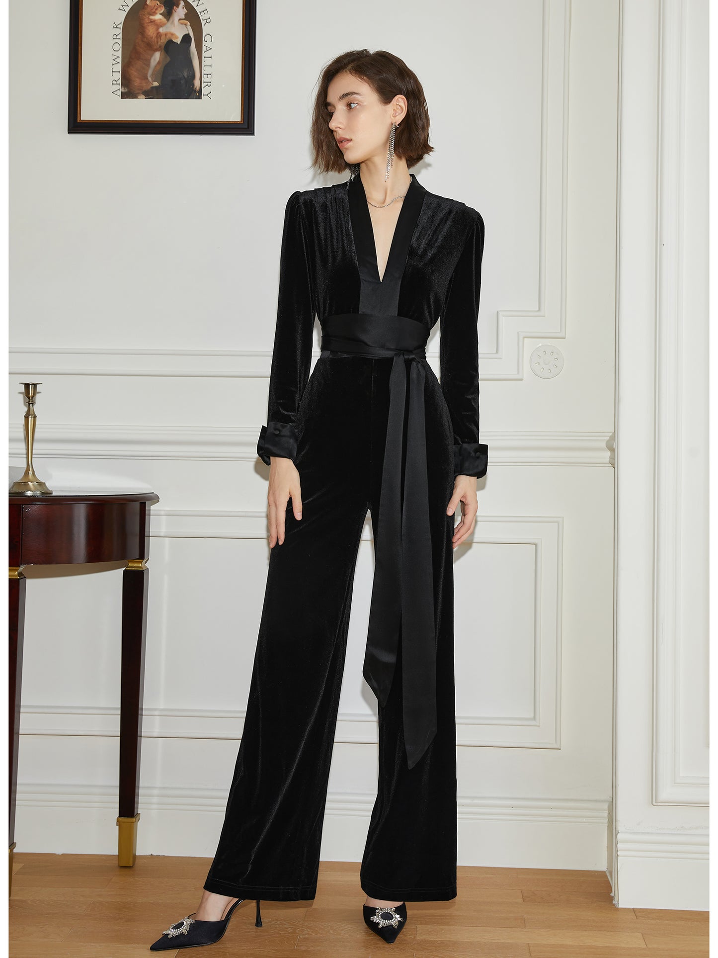 Black high-end V-neck velvet drape waist jumpsuit trousers- Shila