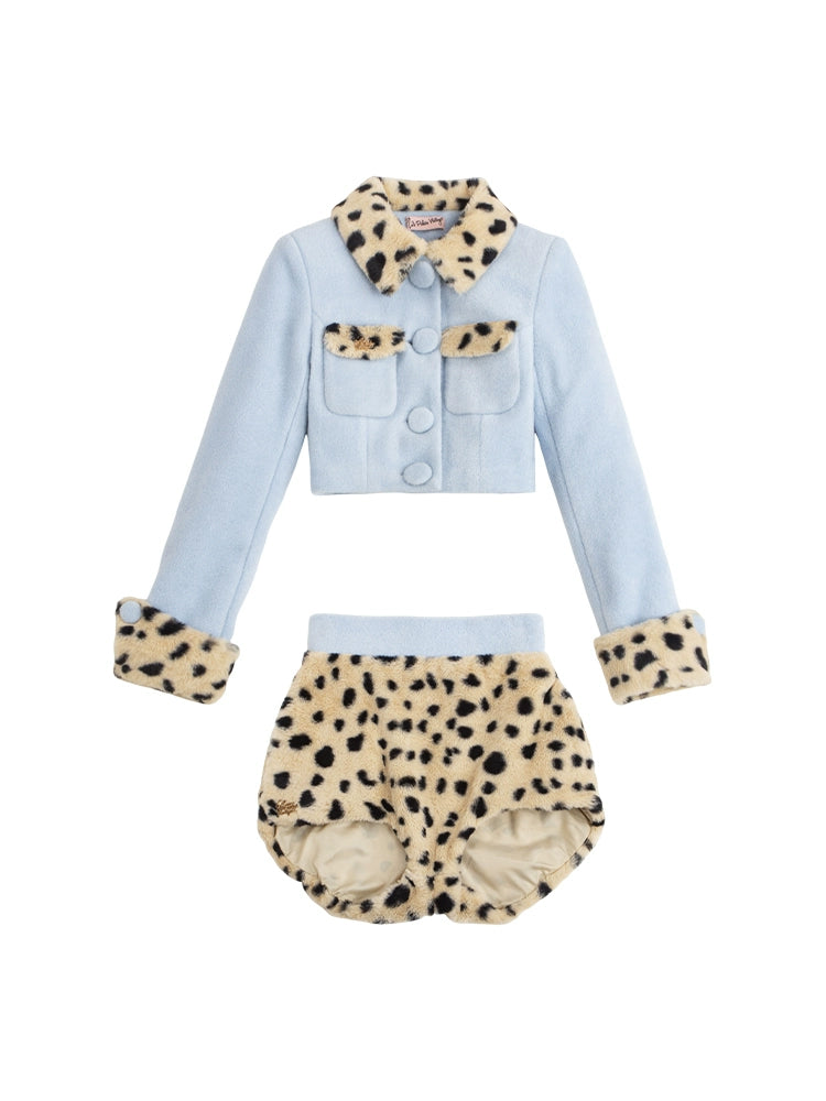 Le Palais Vintage Elegant Baby Blue Crop Slim Jacket High Waist Fur Shorts-Layla