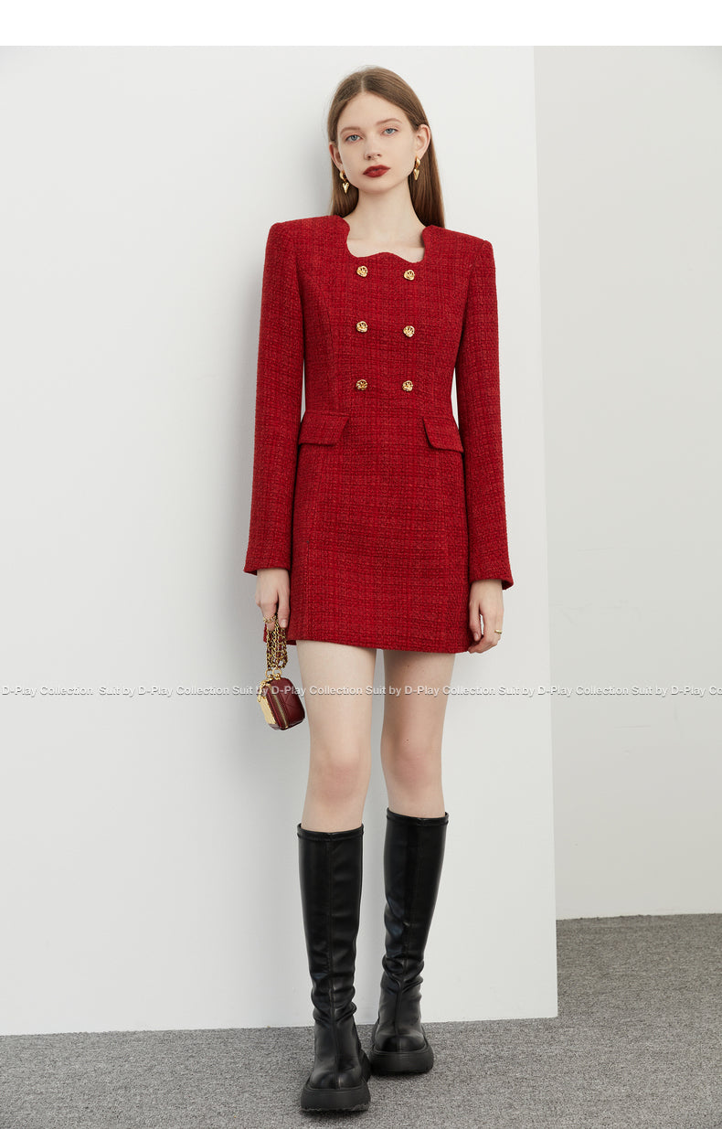 Autumn Winter Retro Jam Red Irregular Lace Metal Buckle Tweed Dress M Autumn Winter Retro Jam Red Irregular Lace Metal Buckle Tweed Dress M