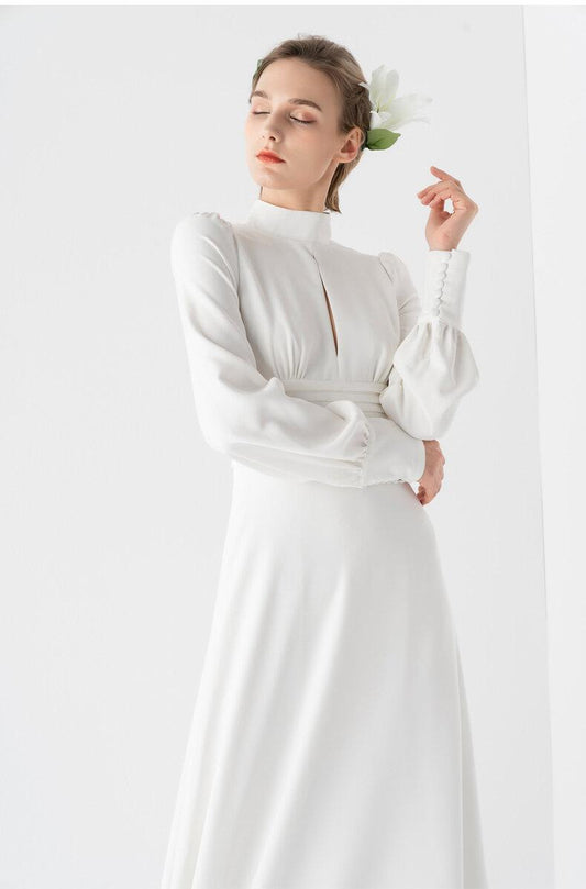 Modest Classical French Elegance Light Luxury G-End Minimalist White Long Bridal Dress -