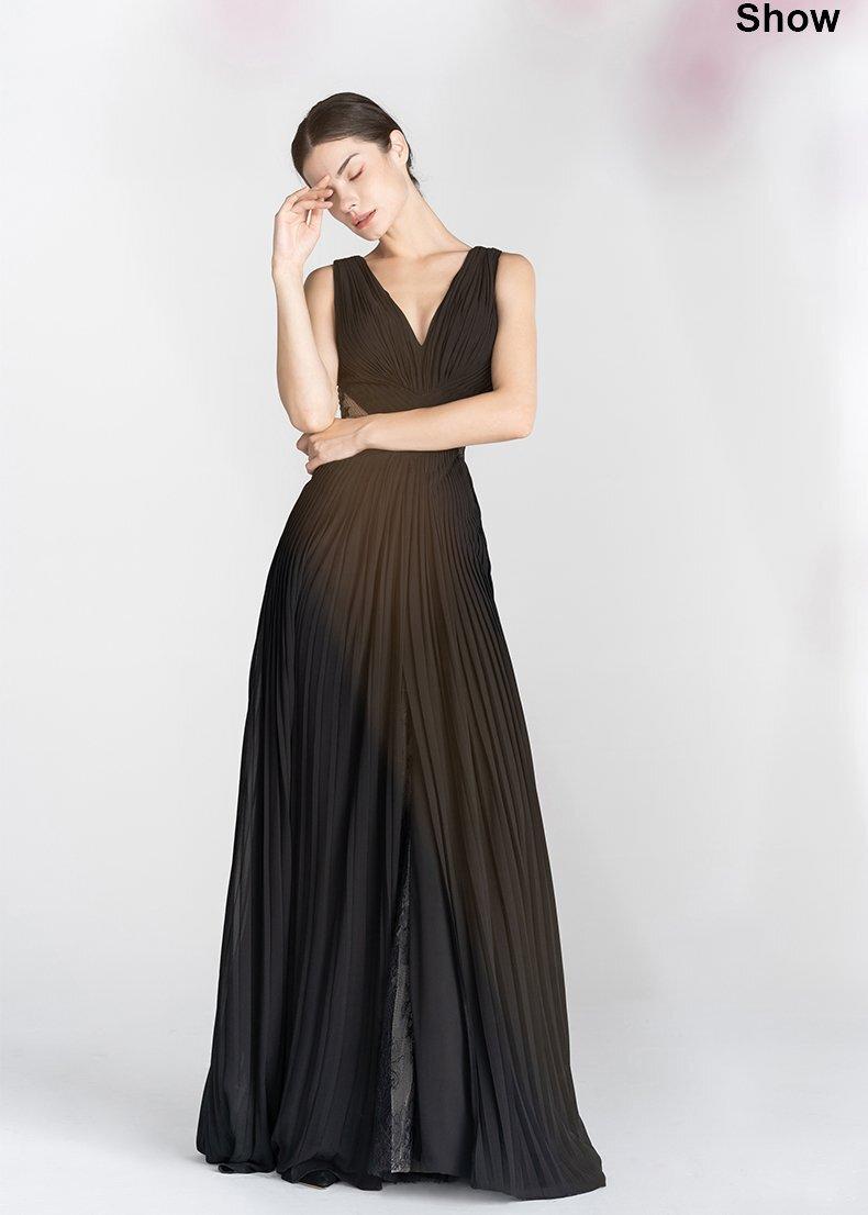 GOUDIN Uniquely pleated lace Design long Black sexy evening dress - Buko. M GOUDIN Uniquely pleated lace Design long Black sexy evening dress - Buko. M