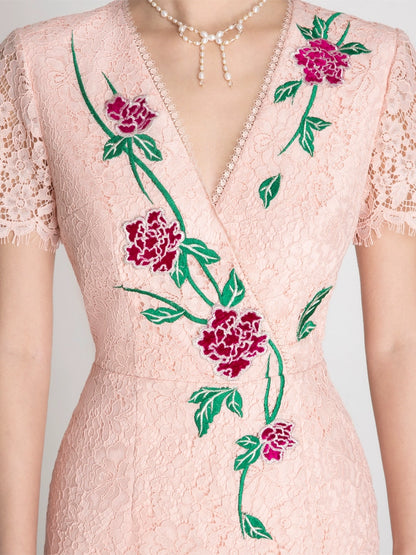 Magic Q coral V-neck rose embroidered short-sleeved lace front slit dress - Imogen