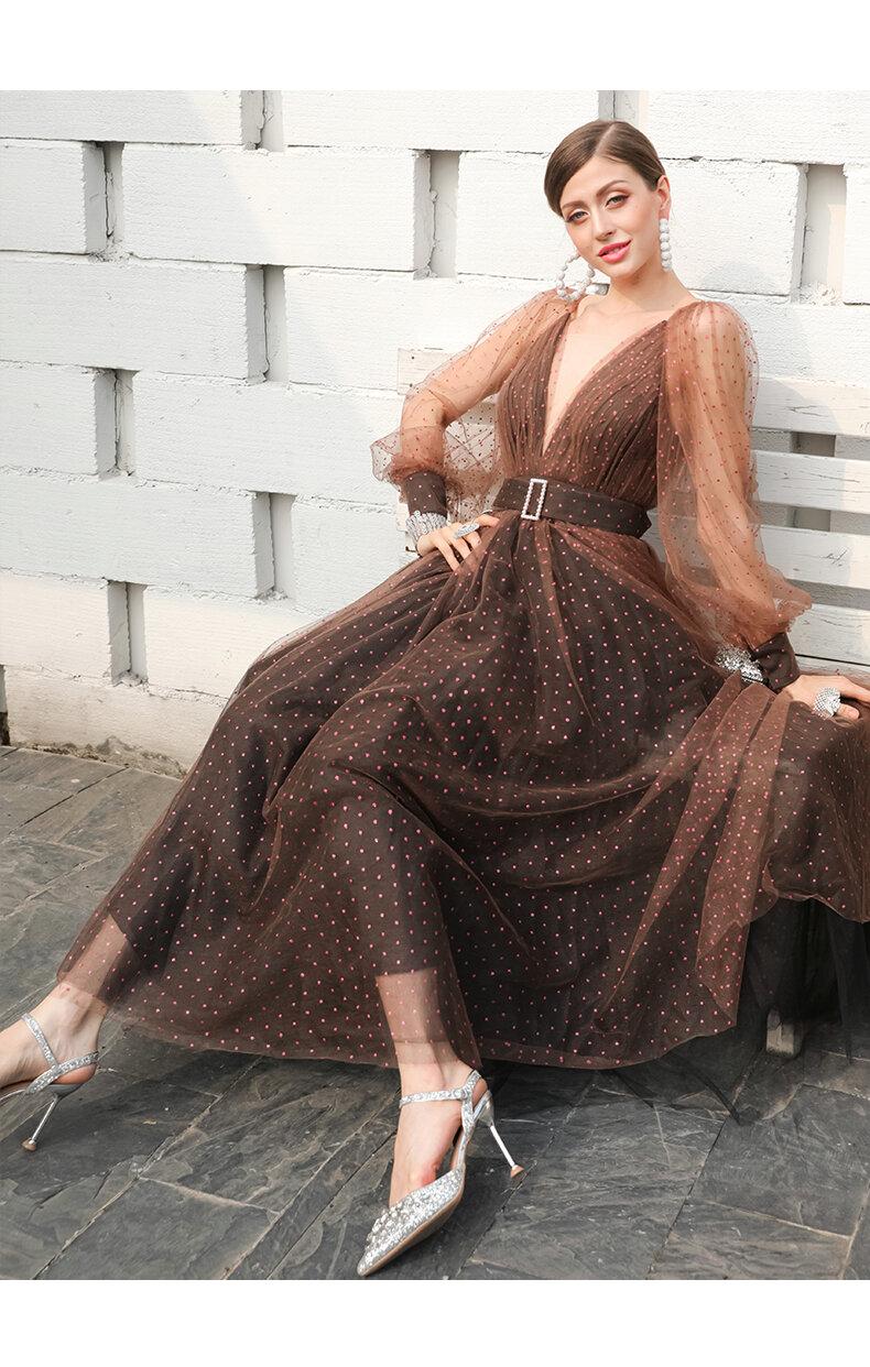 1950's Vintage inspired polka dot mesh tulle brown midi tea length princess ball dress - Kioa