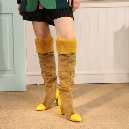 B-FEI original design color matching grid plush thick fur boots ginger yellow- Gilia
