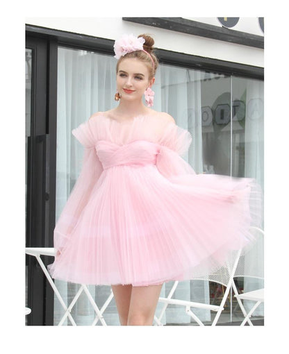 Limited edition double Sun Pleated One-Shoulder Princess layered tulle tutu pink dress - Zack