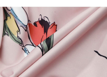 Dusty pink lapel collar waist long sleeve floral hand painted dress- Rabi