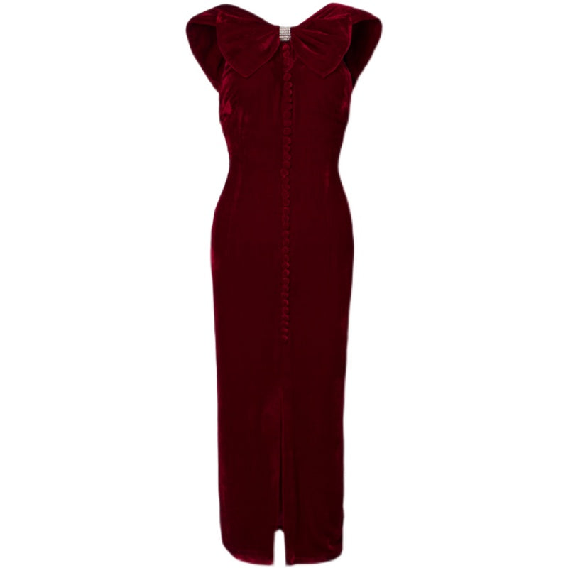Retro vintage red slim velvet French sleeveless halter neck bowknot evening dress- Viana