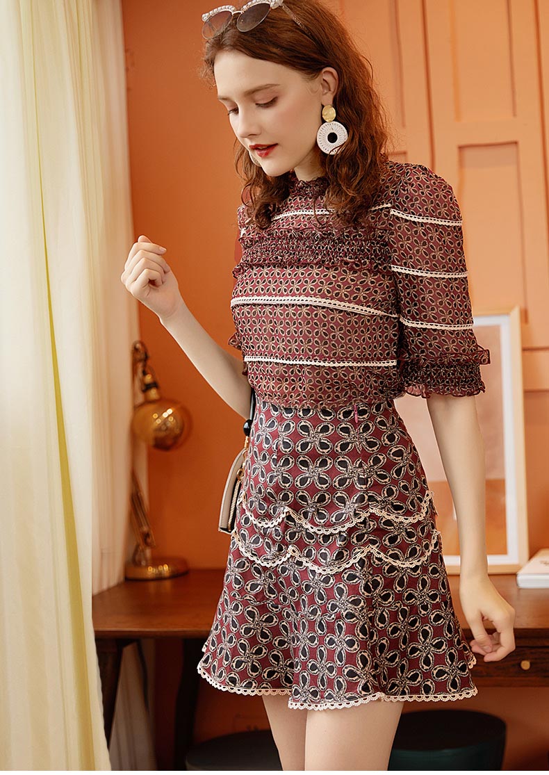 Vintage inspired printed chiffon blouse + short skirt two piece suit set- Elsie