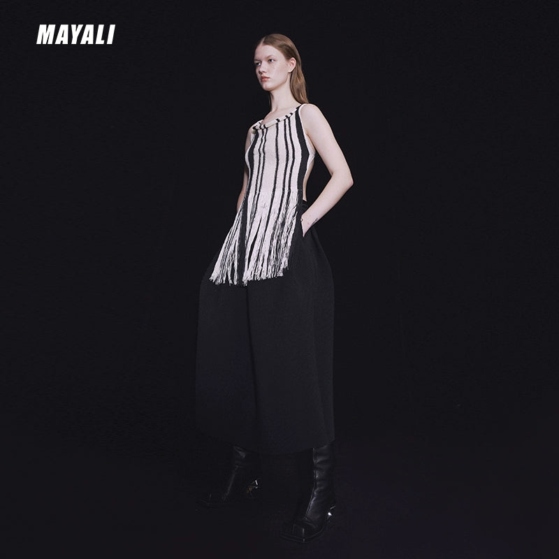 MAYALI contrast tassels khaki panels black stripes, summer dress - riiie