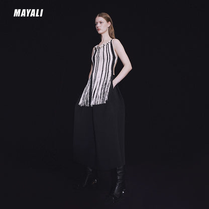 MAYALI contrast tassels khaki panels black stripes, summer dress - riiie