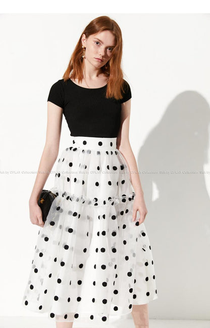 Classic black and white polka dot delicate embroidery non-print retro vintage skirt- Paran