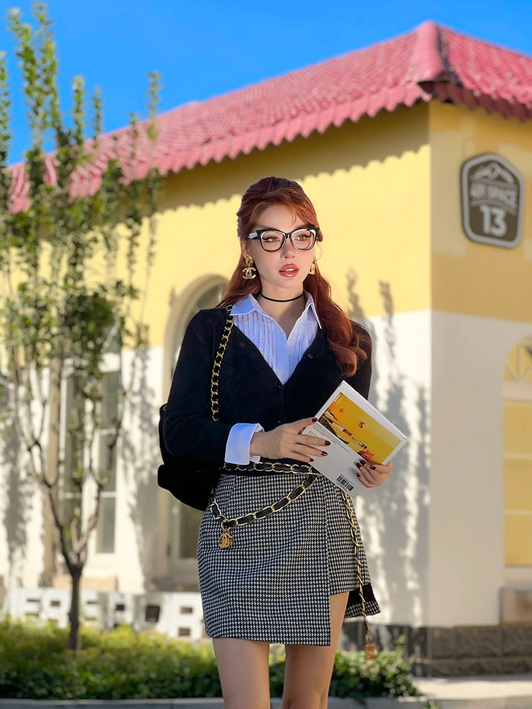 Le Palais Vintage Original Retro Irregular Long Woolen Houndstooth Skirt- VERA.