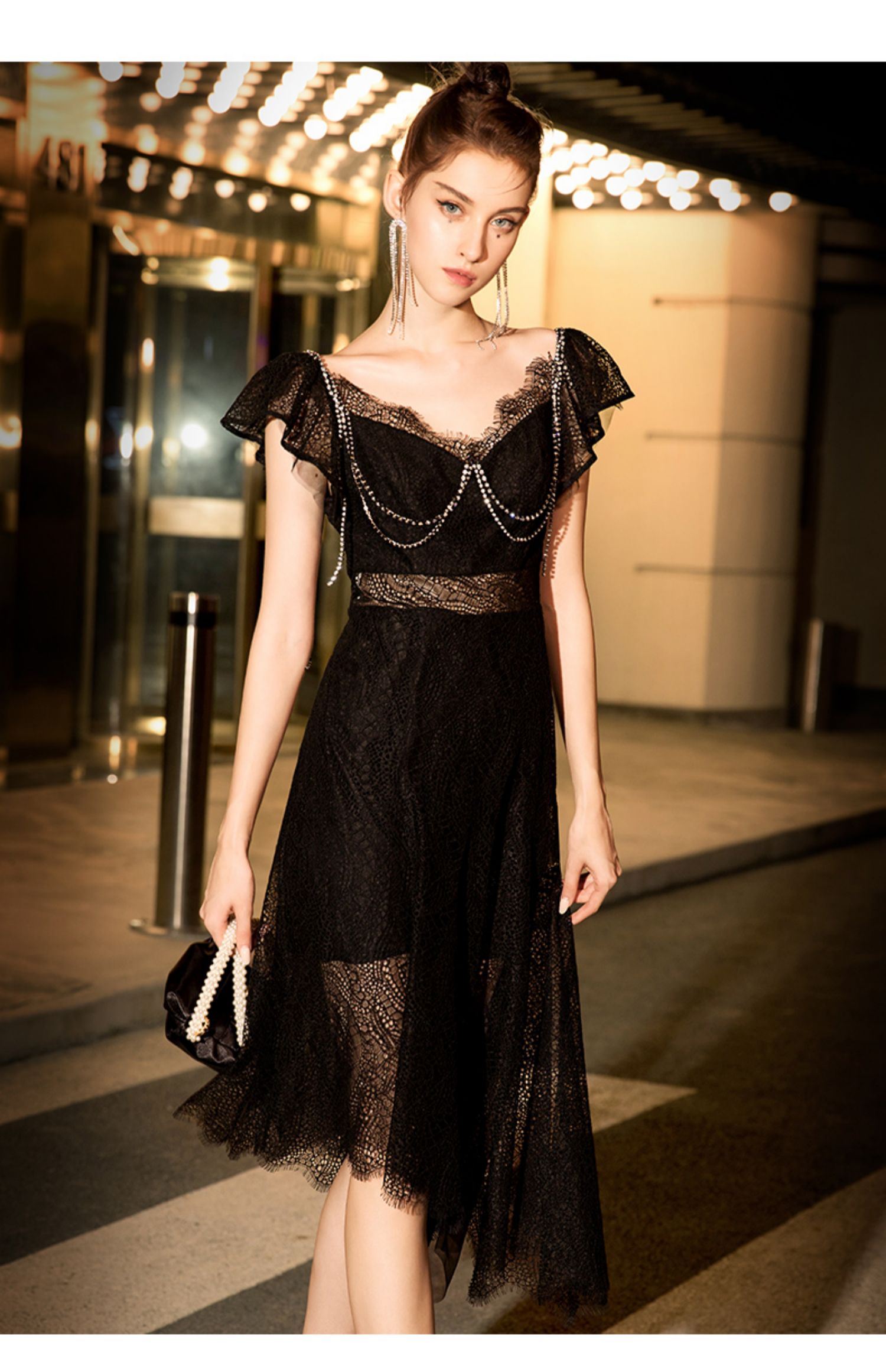 Black evening skirt high-quality texture with a lace see-through dress- Cora XL Black evening skirt high-quality texture with a lace see-through dress- Cora XL