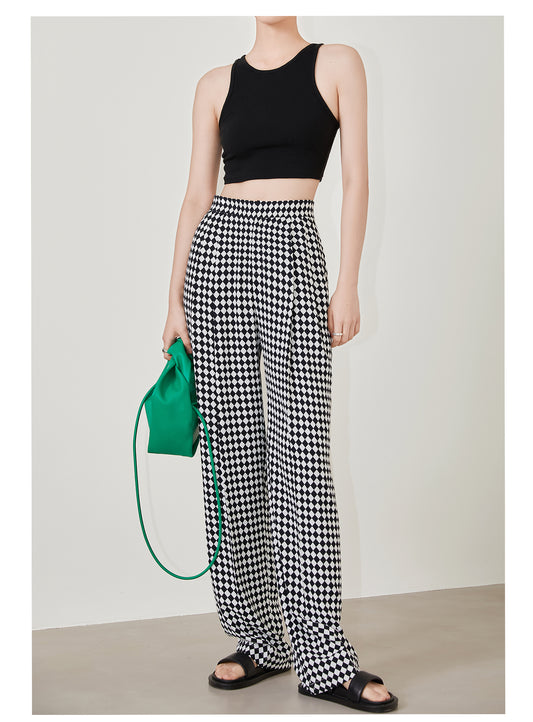 High-quality black white plaid checkered casual high-waist pants trouser - Pilar