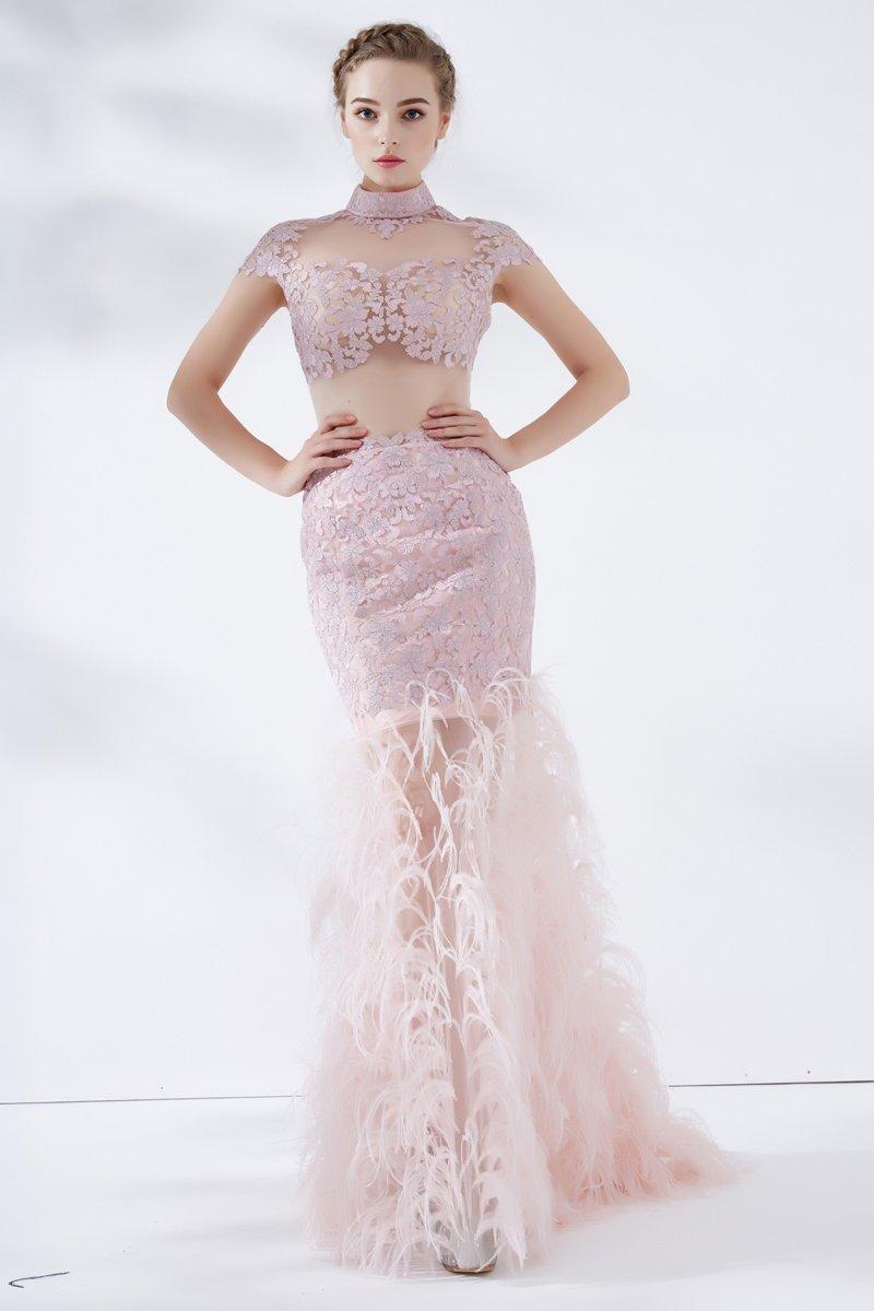 Short Sleeve Lace Feather Long Pink Dress- Tia S / Black Short Sleeve Lace Feather Long Pink Dress- Tia S / Black