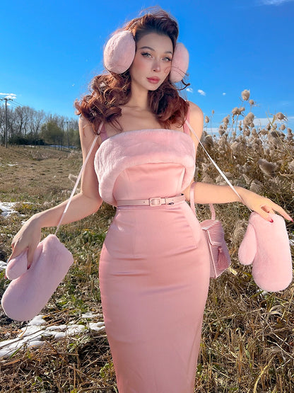 Le Palais Vintage Luxury Pink Fur Gloves + Fur Ear Muff- YASMINE.