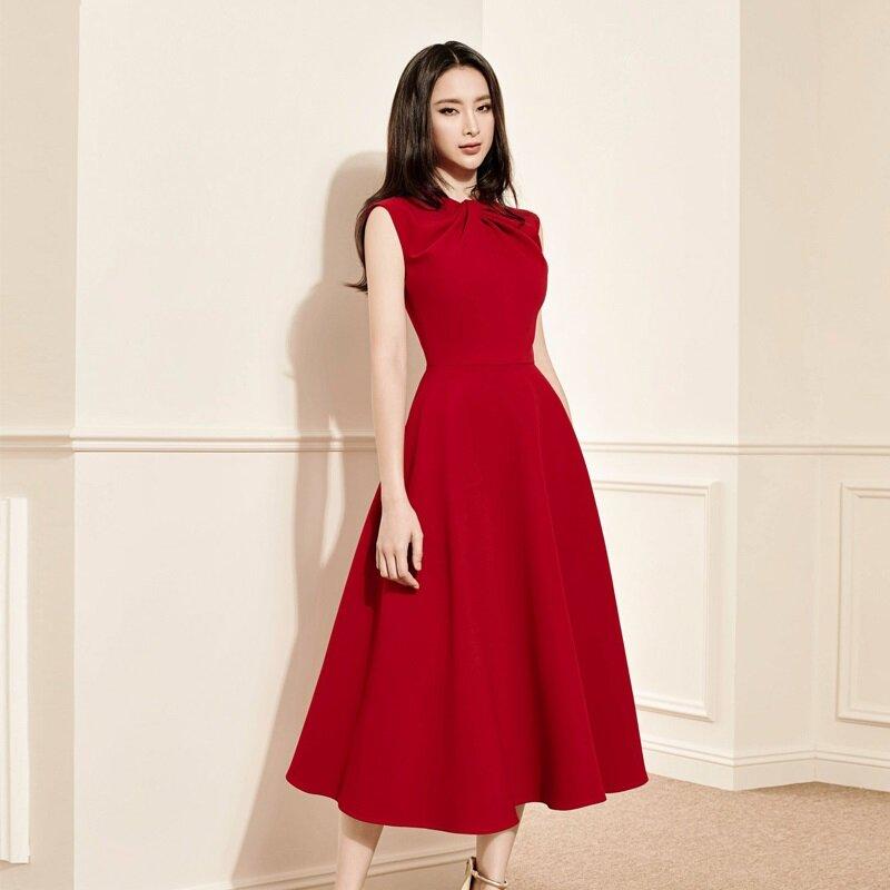 Retro vintage cocktail gold Red wedding guest bridesmaid twist neckline midi dress