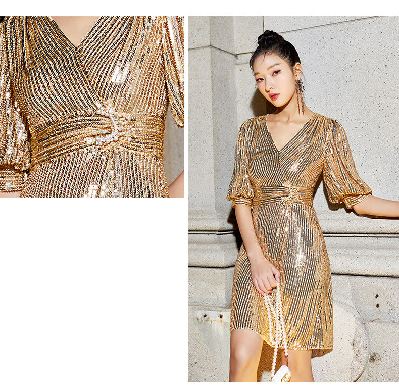 Elegantly gold designed and fashionably built V-neck striped sequins dress- Paris
