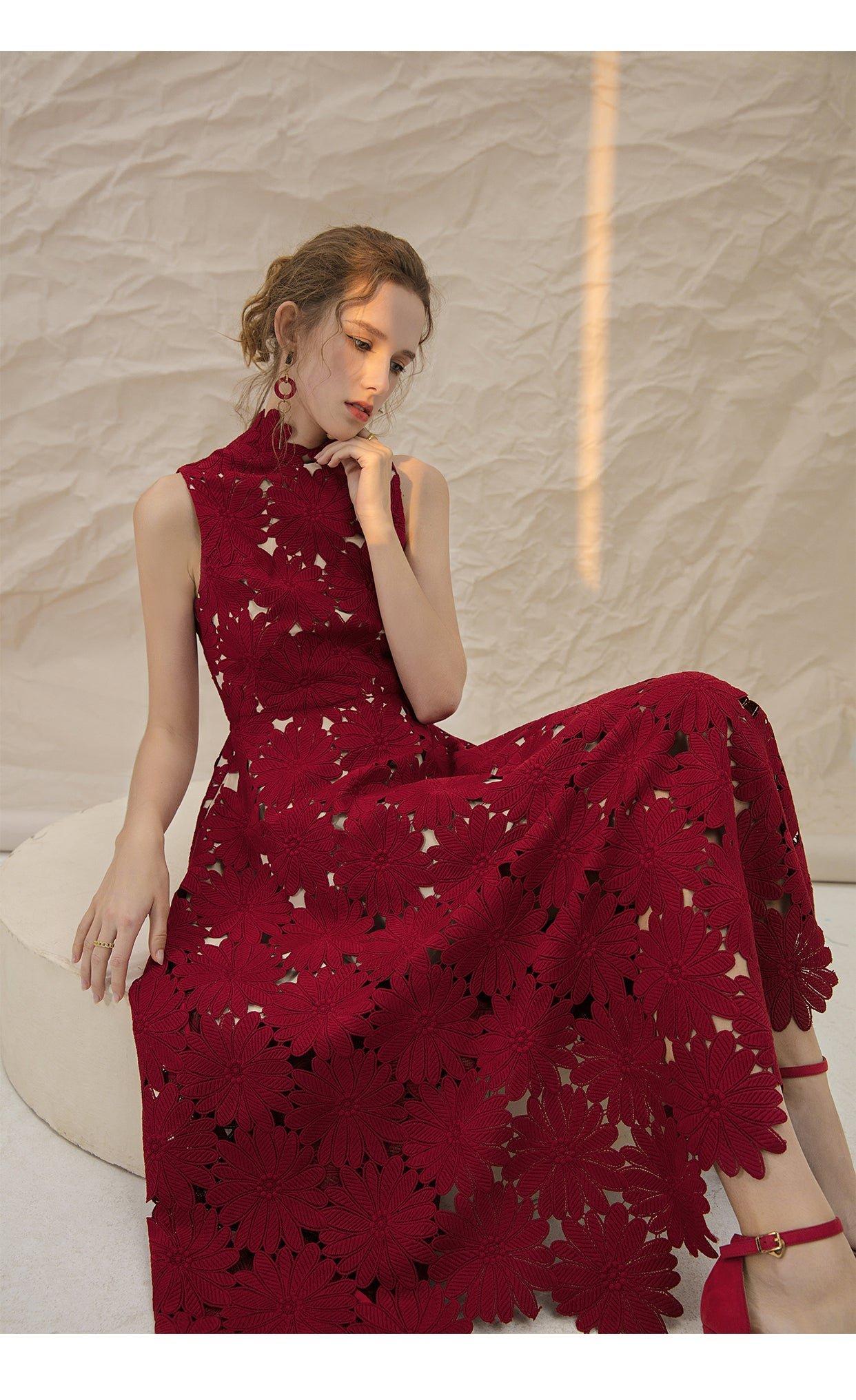 Luxury elegant retro Hollow Red Lace Jacquard Bridal cocktail wedding guest midi Dress - Paris M Luxury elegant retro Hollow Red Lace Jacquard Bridal cocktail wedding guest midi Dress - Paris M