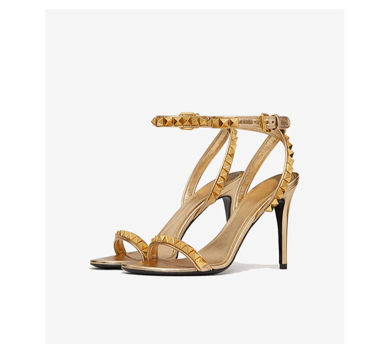 Early 2023 Spring new gold rivets one word with open toe stiletto sandals - Maggie