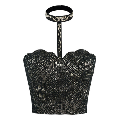 MagicQ Black Base Embroidery Beaded Halter Vest Sling Tight-fitting Base Bra