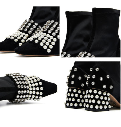 B-FEI  diamond rhinestone pearl short thick square heel elastic boots- Olia