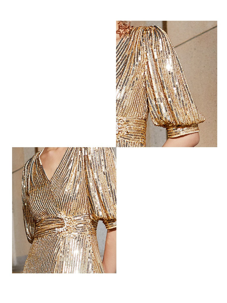 Elegantly gold designed and fashionably built V-neck striped sequins dress- Paris M Elegantly gold designed and fashionably built V-neck striped sequins dress- Paris M