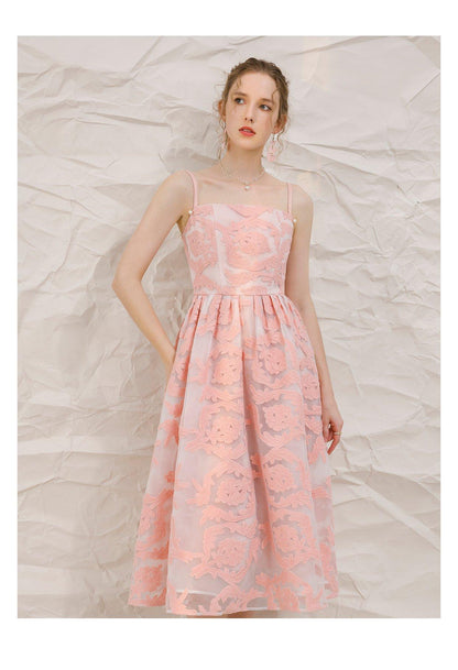 High-end pink summer dress with removable sleeves- Lola