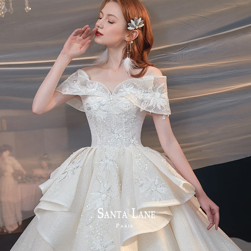 Ealy Spring 2023 One-shoulder fantasy retro starry sky trailing wedding dress- Stayr XS / No Trail