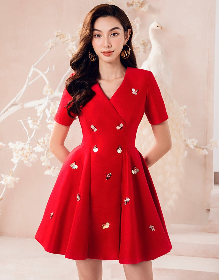 Short sleeved mini dress fitted waist and A-line skirt with sides pleats - Ladir M Short sleeved mini dress fitted waist and A-line skirt with sides pleats - Ladir M