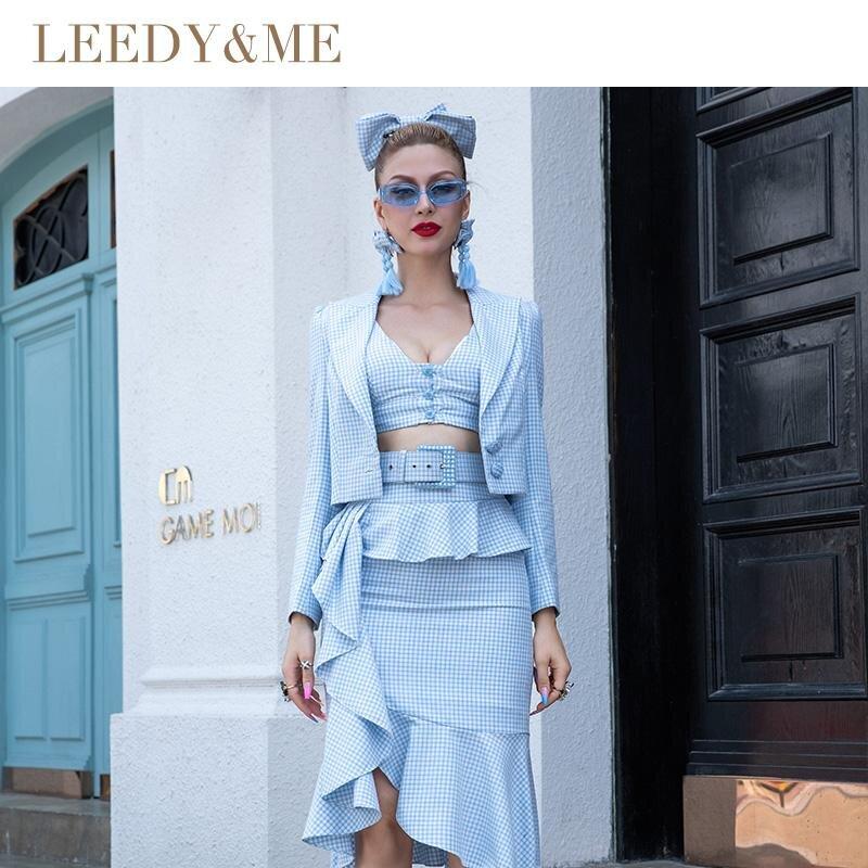 New autumn deep V-neck lace sexy four-piece suit checkered skirt suit - Bilqe L / Blue New autumn deep V-neck lace sexy four-piece suit checkered skirt suit - Bilqe L / Blue