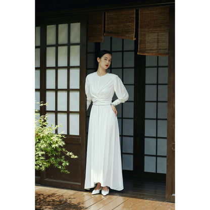 Knitted retro white pleated puff sleeve long-sleeved irregular skirt large swing dress- Caer