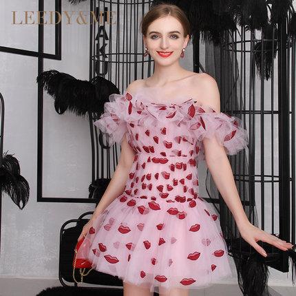 Designer Unique Lip embroidered tulle off shoulder ruffle pleated drop waist wedding banquet party cocktail dress - Dasha M Designer Unique Lip embroidered tulle off shoulder ruffle pleated drop waist wedding banquet party cocktail dress - Dasha M