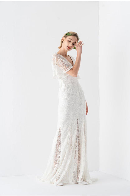 French temperament lace deep V neck wedding dress - Ivy