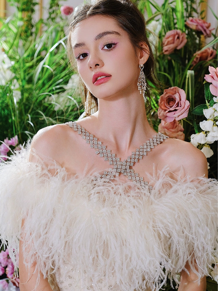 Wardrobes by Chen Luxury Off White Off Shoulder Feather Short Mini Party Dress-Genny