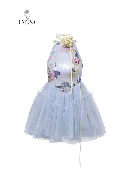 Blue sequin embroidery strapless mesh waist fairy dress with flowers- Lori