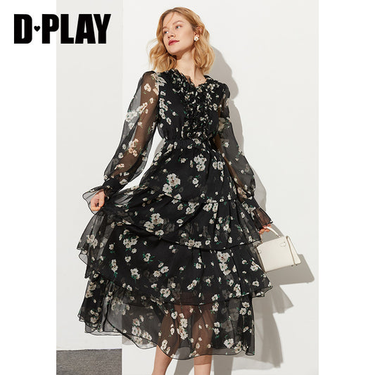 Spring elegant French bow orange pink high-waisted pleated dress - Lugis