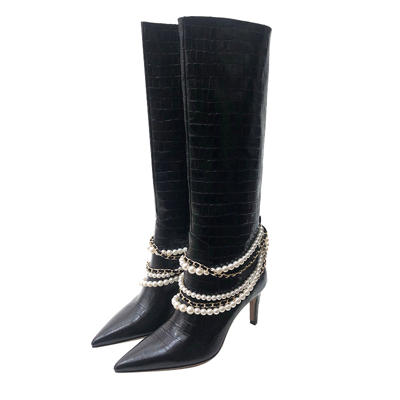 FEIFEI original design pearl chain boots straight high tube pointed high heels winter boot- Diona