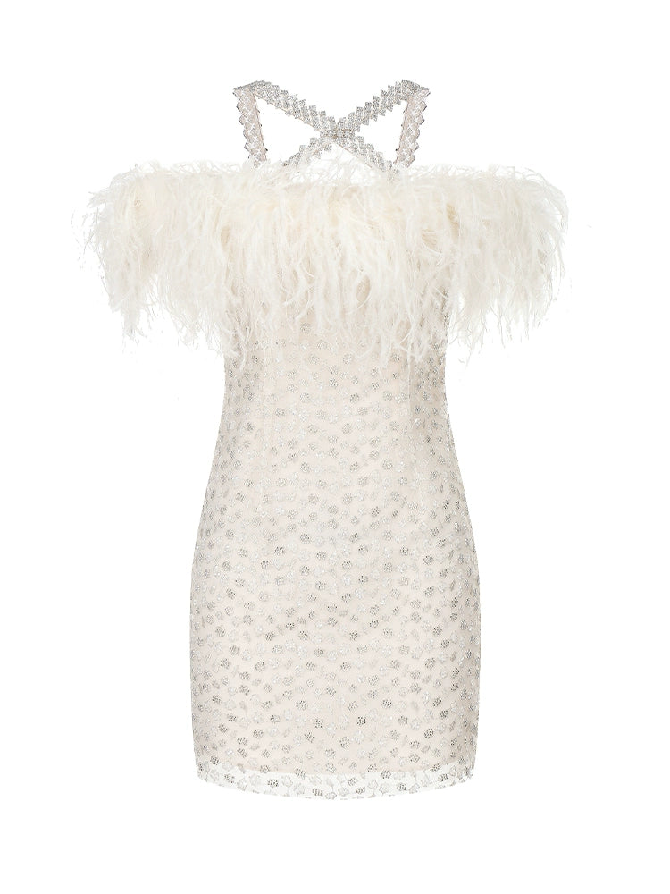 Wardrobes by Chen Luxury Off White Off Shoulder Feather Short Mini Party Dress-Genny
