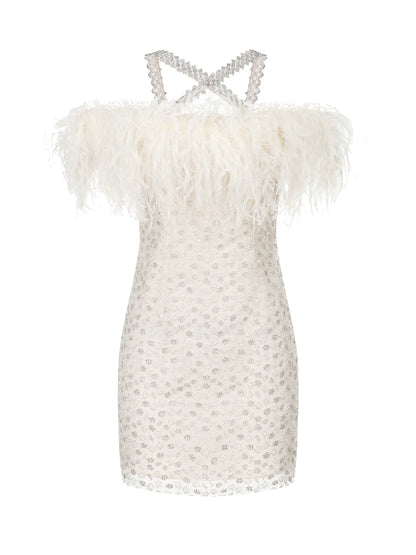 Wardrobes by Chen Luxury Off White Off Shoulder Feather Short Mini Party Dress-Genny