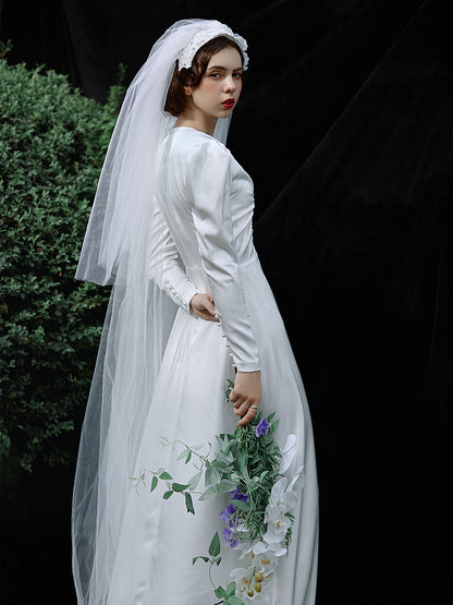 Rippling v-neck large swing tail wedding satin skirt dress - Sonia