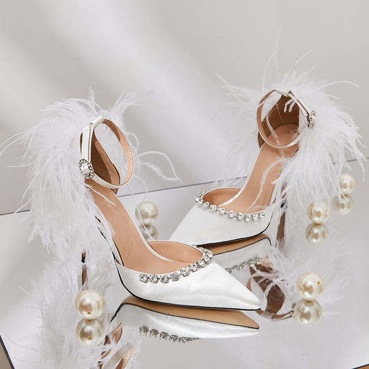 B-FEI niche gorgeous feather rhinestone high heels wedding evening shoes- Toria