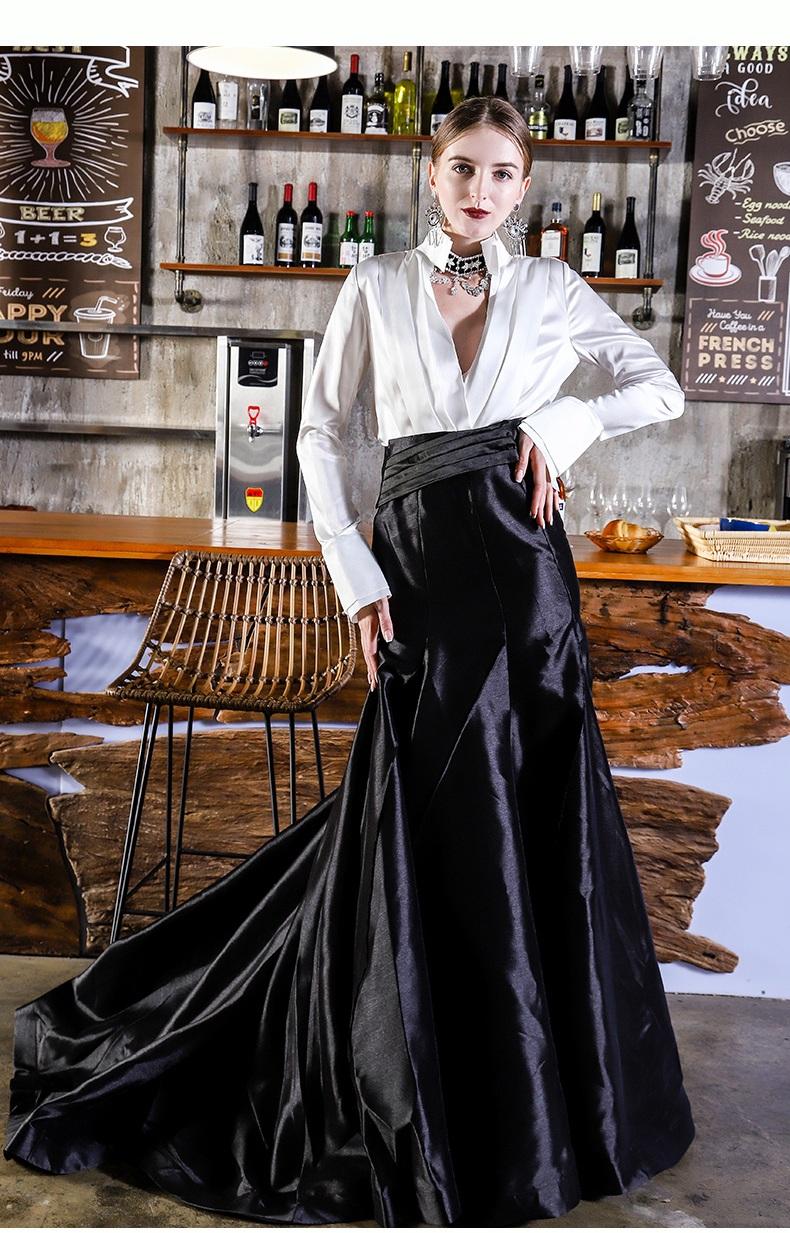Limited edition elegant high end stand collar long sleeve banquet cocktail sexy deep V neck fishtail evening dress - Adara S Limited edition elegant high end stand collar long sleeve banquet cocktail sexy deep V neck fishtail evening dress - Adara S