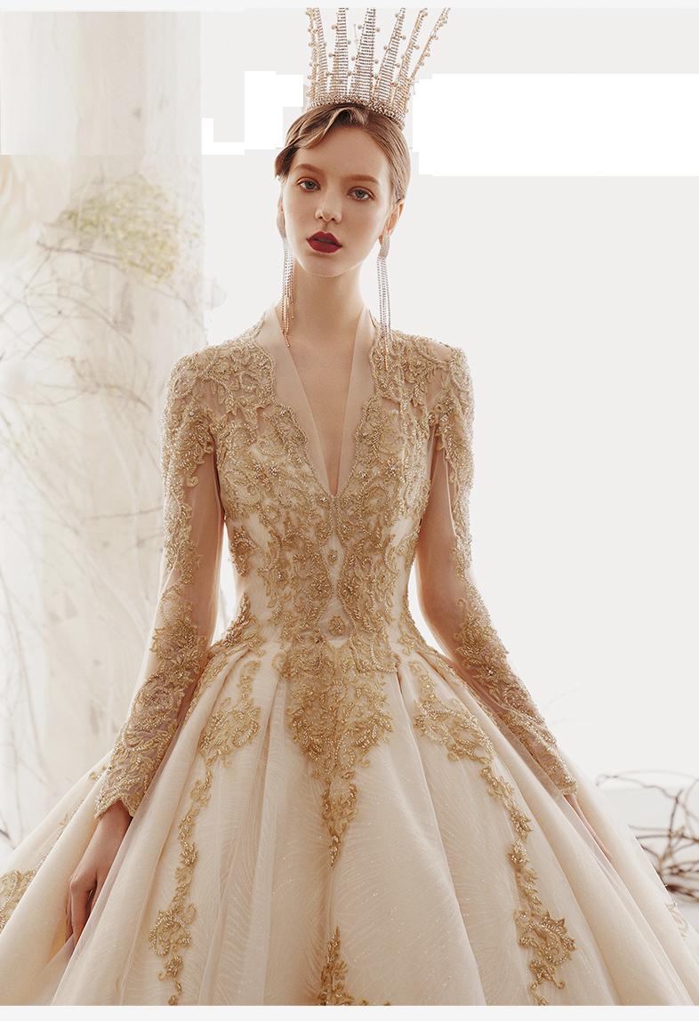 Royal Court champagne lace royal princess long sleeve ball gown wedding dress- Doria