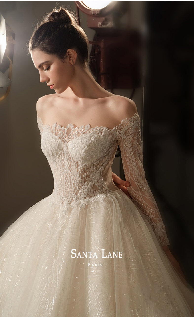 Early Spring 2023 Palace Style Long Sleeve One Shoulder Trailing Dress Wedding Dress- Yolanda