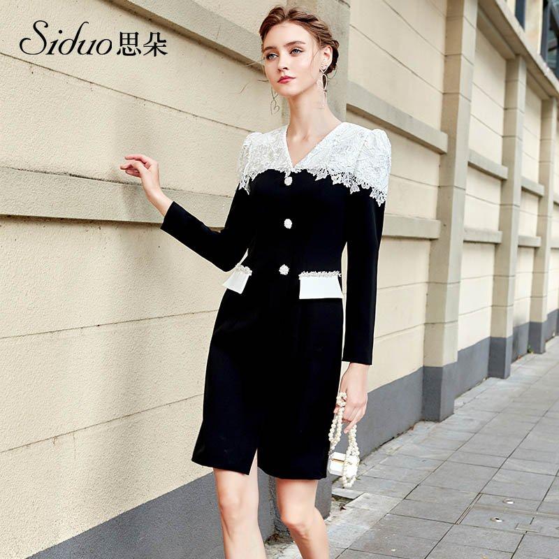 Siduo fall winter high-end black and white dress - Melli